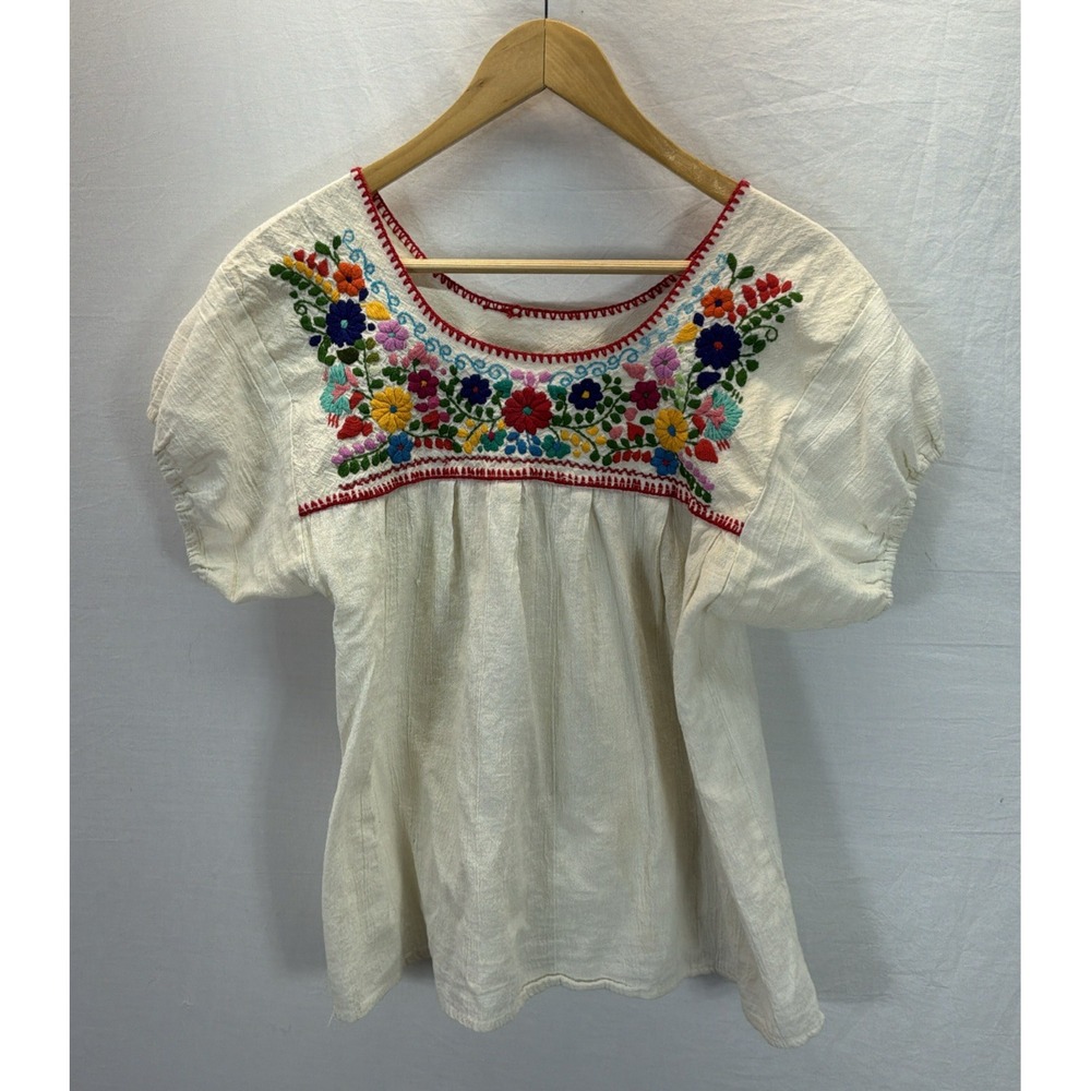 Mexican Boho Embroidered Colorful Ivory Top LG cotton Boho hippie Festival Sz M